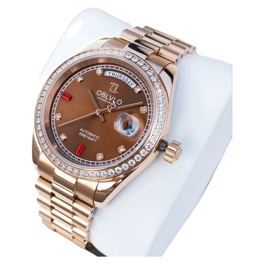 OBLVLO Armbanduhr, Automatik, Roségold, braun, Diamant, Herren - Bild 3