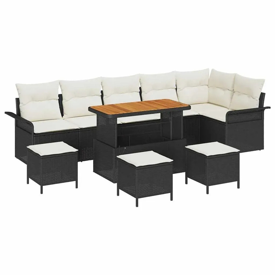 vidaXL Garten-Sofa-Set 10-teilig aus Poly-Rattan und Akazienholz in Schwarz mit Ecksofa, Zweisitzern, Sesseln, Hockern und Tisch - Bild 2