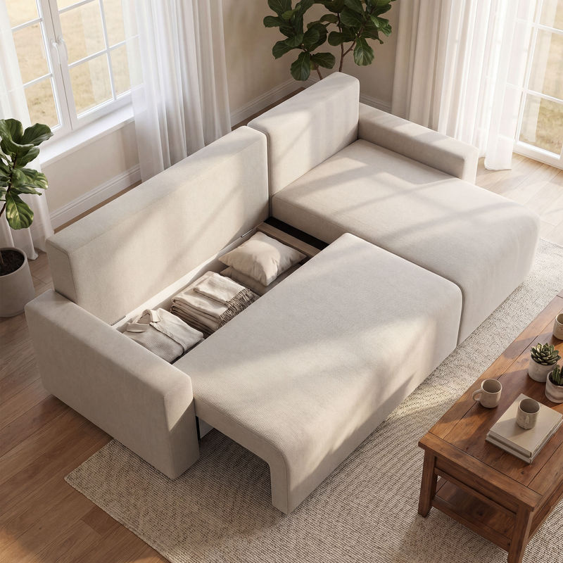 HOMCOM Ecksofa in L-Form mit Schlaffunktion und umkehrbarer Chaiselongue, 3-Sitzer Schlafsofa mit Mikrofaser-Veloursbezug, Beige - Bild 2
