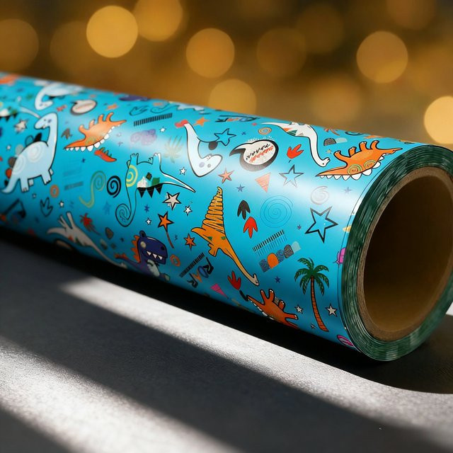 Blaues Geschenkpapier mit Dinosauriermustern für Geburtstage und Feiertage, 1 Rolle - Bild 1