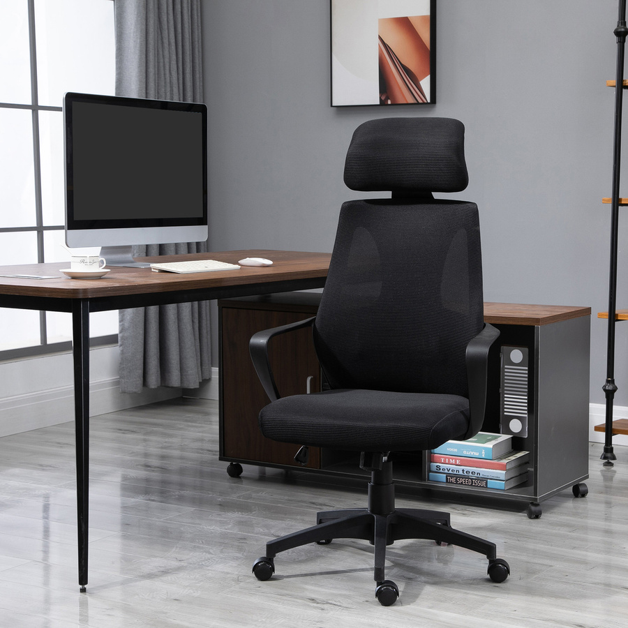 Vinsetto Bürostuhl Schwarz mit Kopfstütze, Lendenstütze und Armlehnen, Höhenverstellbarer Drehstuhl mit Wippfunktion und Netzstoff-Optik - Bild 2