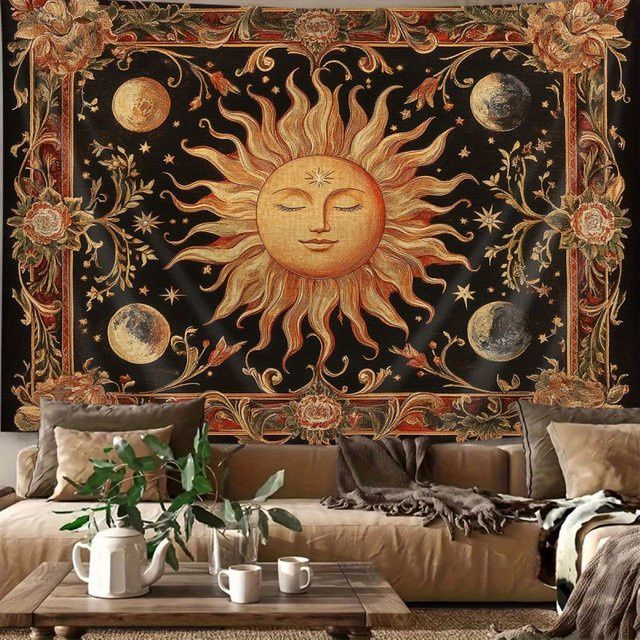 VIKAMA Vintage Wandteppich mit Tarot-Sonnen-Print in Multicolour, Boho Wanddekoration für Wohnzimmer und Schlafzimmer, Rechteckig B/H: 60 x 40 cm - Bild 1