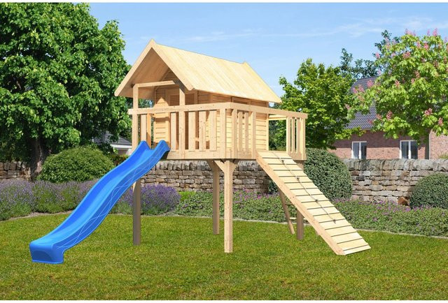 Karibu Stelzenhaus Fidel Set in Natur mit blauer Wellenrutsche und Holzrampe, Spielturm B/H/T: 198 x 329,5 x 243 cm - Bild 1