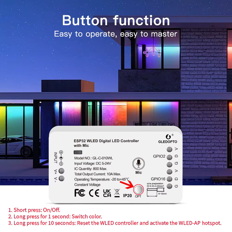 Gledopto ESP32 WLED RGBW Digital Strip Voice Controller für WS2811 SK6812 SM16703P WS2812B mit App, Web, MQTT und Home Assistant Unterstützung - Bild 3