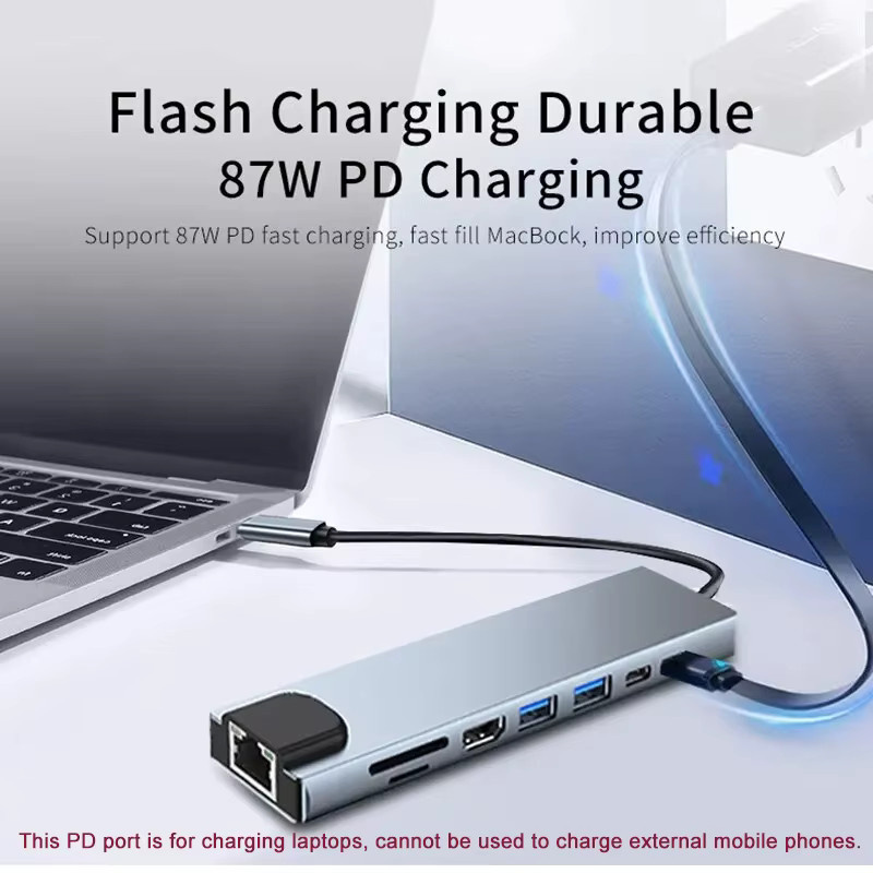 KOJESHUN 8 in 1 USB-C Hub Adapter mit 4K HDMI, RJ45 Ethernet, SD/TF Kartenleser und PD Schnellladefunktion für MacBook und Laptop - Bild 4