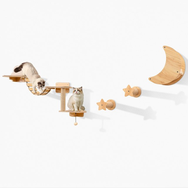GOFLAME Katzen Kletterwand Set aus Holz in Beige mit Hängematte, Brücke und integriertem Spielzeug - Bild 1