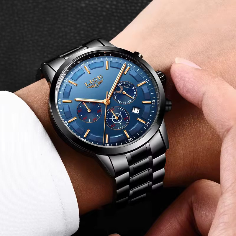 LIGE Armbanduhr Chronograph, Quarz, Edelstahl, Schwarz, Herren - Bild 4