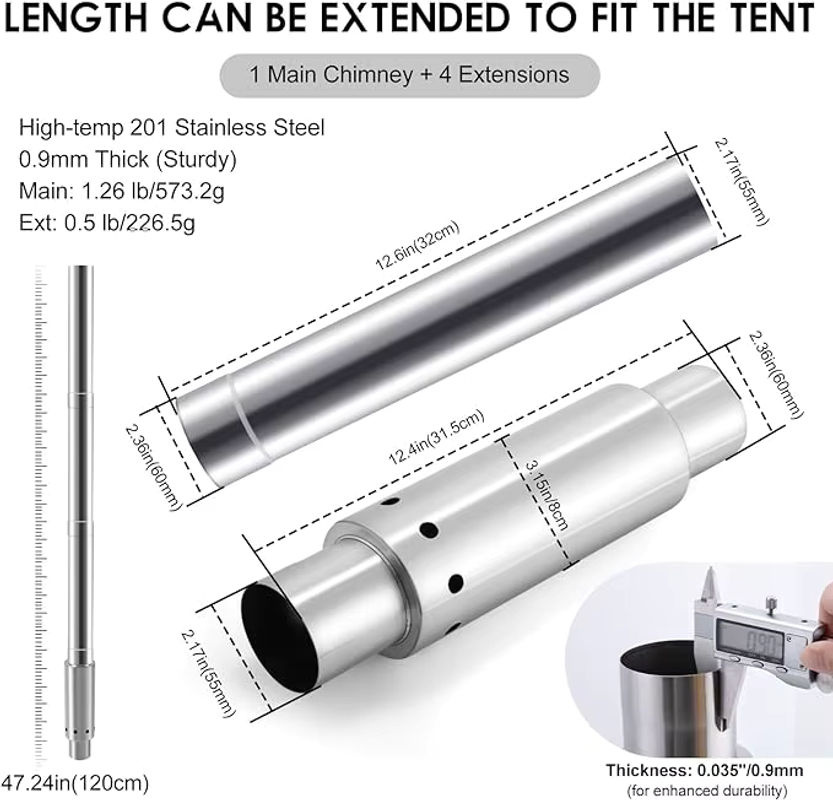 CHANGE MOORE 4-teiliges sekundäres Brennholz-Set in Silber für Camping-Hot-Zelte mit japanischer Technologie zur rauchfreien Nutzung im Holzofenrohr - Bild 4