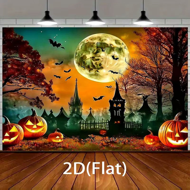 sjs Halloween 2D Hintergrund Dekoration mit Jack-O'-Lantern, Fledermäusen, Vollmond und Herbstbäumen, mehrfarbig, rechteckig - Bild 3