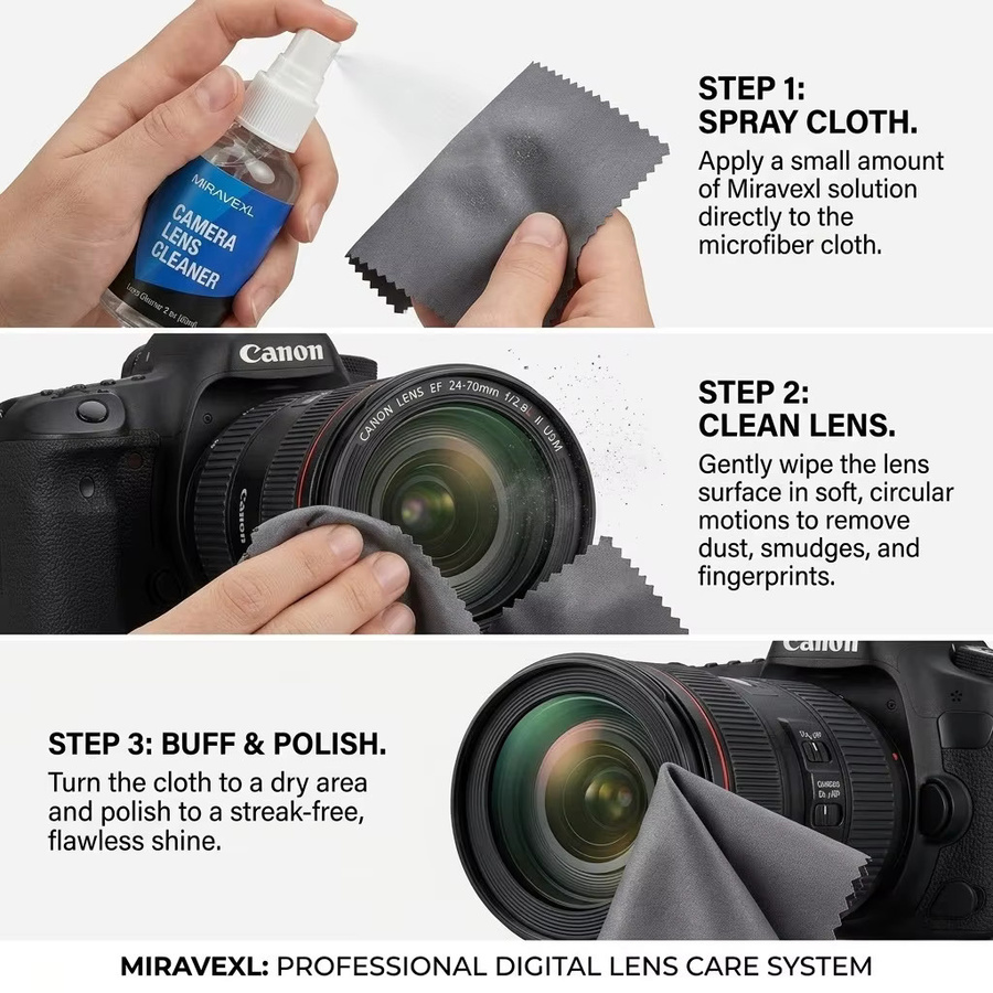 MIRAVEXL Kameraobjektiv-Reinigungsset mit Mikrofasertuch, Sensor-Reinigungstupfer und Doppelsprühflasche für DSLR, Brillen, VR-Bildschirme und Optiken, Mehrfarbig - Bild 3