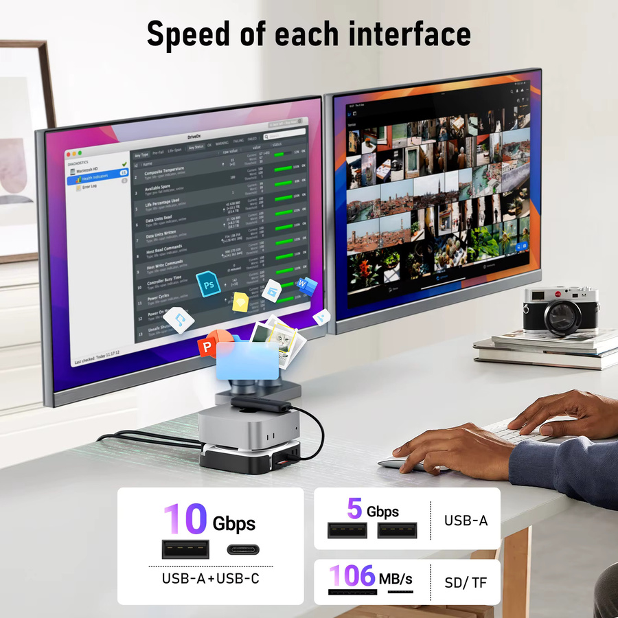 Lemorele 9-Port Dockingstation für Mac Mini M4 / M4 Pro USB Hub mit HDMI und DisplayPort 4K 60Hz sowie M.2 NVMe SSD Slot und TF/SD 3.0 Slot - Bild 3