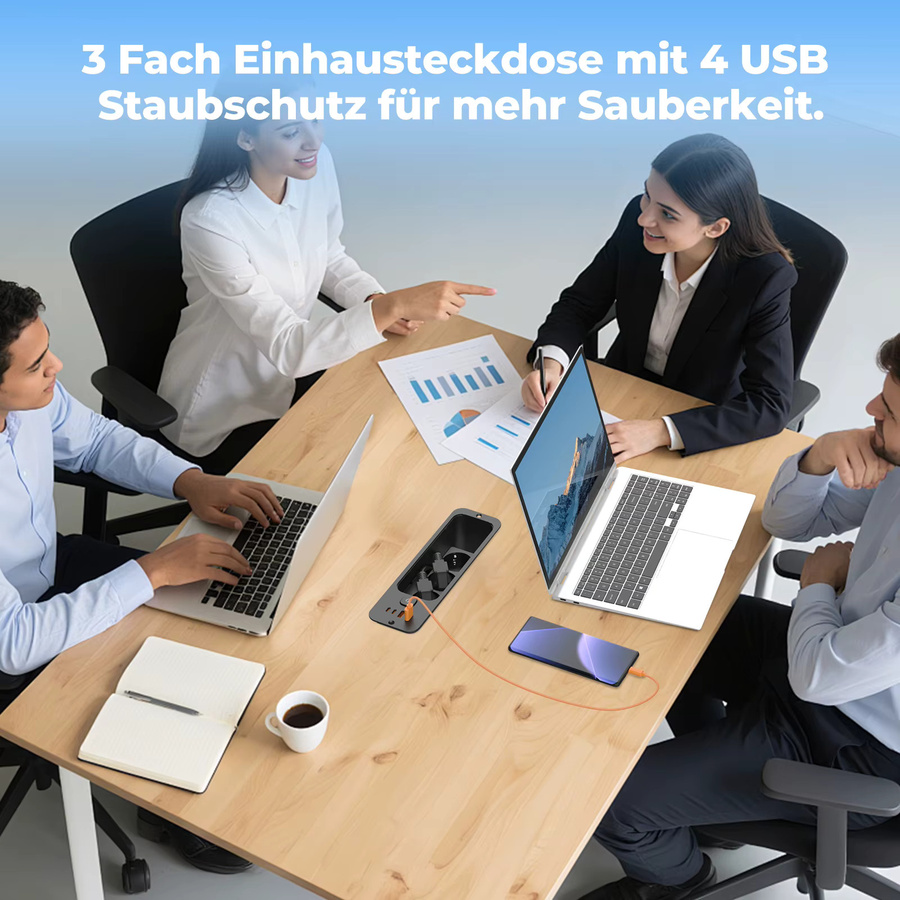 HITRENDS 7-in-1 Einbau-Desktop-Steckdose in Schwarz mit 3 AC-Anschlüssen und USB-C PD20W Schnellladung - Bild 4
