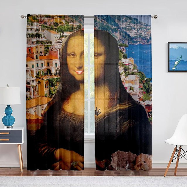 Transparenter Tüllvorhang mit Mona Lisa und Kätzchen Motiv für Schlafzimmer und Wohnzimmer, B: 150 cm, H: 250 cm - Bild 1