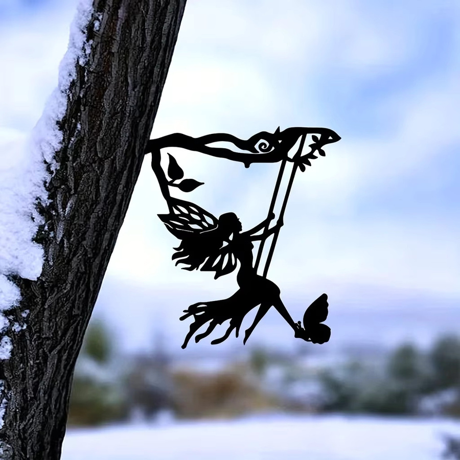 CIFBUY Metall-Wandkunst Schaukel-Elf auf Ast in Schwarz als Außenstatue für Garten, Hof und Terrasse - Bild 5