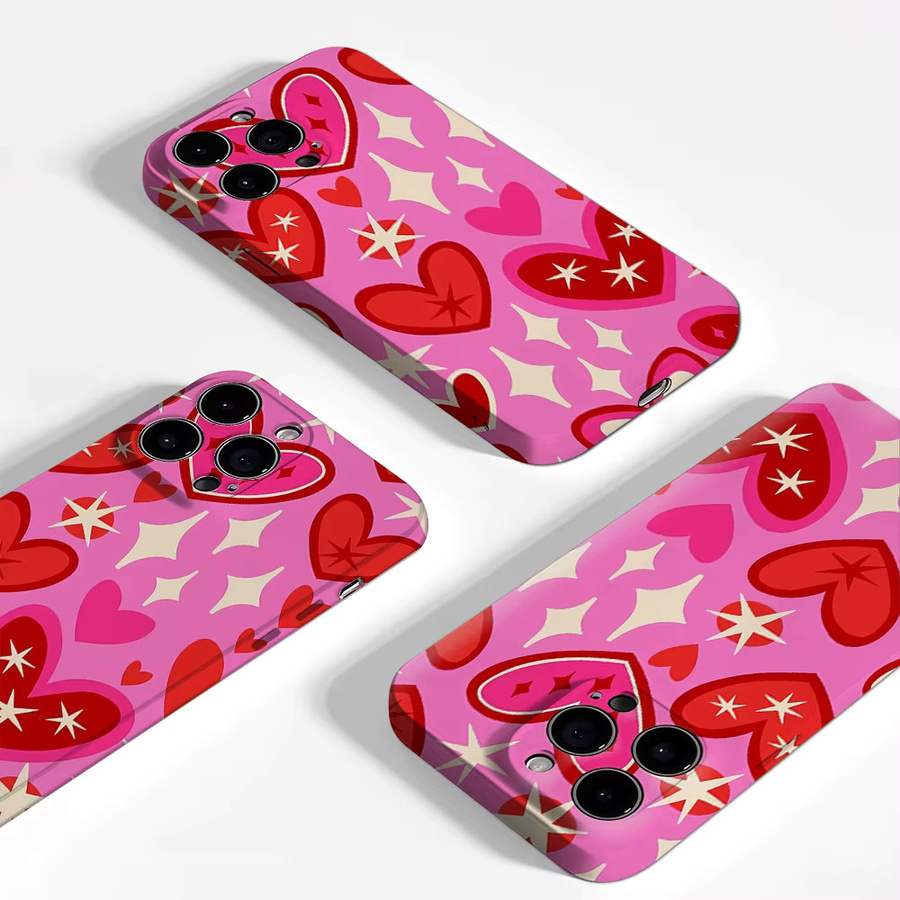 Handyhülle mit Herz- und Sternmuster für Apple iPhone 11 bis iPhone 17 Pro Max Plus in Pink mit doppelschichtiger Rückseite - Bild 3