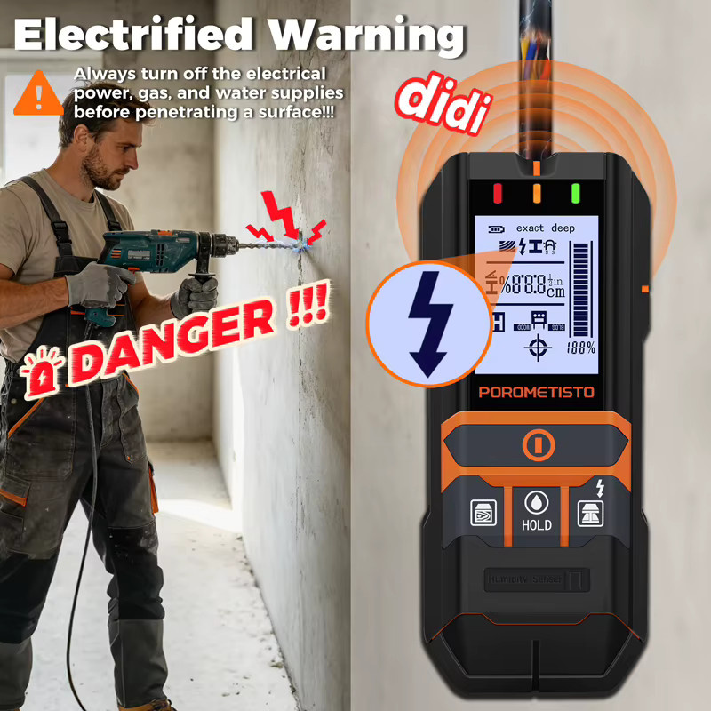 POROMETISTO 2-in-1 Wandscanner und Feuchtigkeitsmesser in Schwarz mit AC-Kabel-, Draht- und Holzdetektor sowie dreifarbiger Anzeige - Bild 5