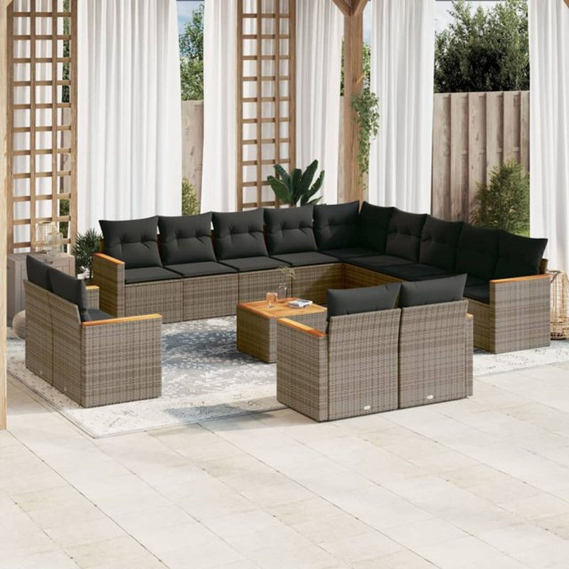 Vidaxl Gartenmöbel-Set aus Polyrattan und Akazie mit 14 Teilen und Kissen, Grau - Bild 1