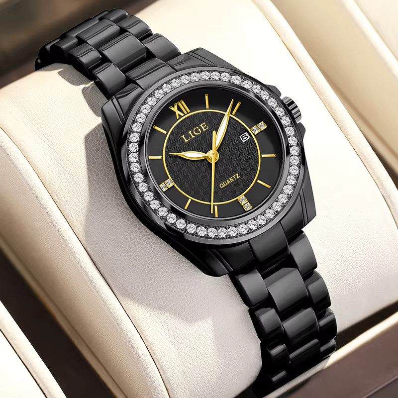 LIGE Armbanduhr, Chronograph, Keramik, Schwarz, Quarz, Damen - Bild 5