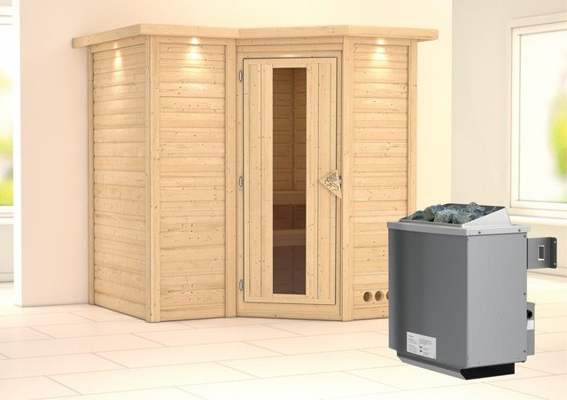 Karibu Massivholzsauna Steena 1 aus Fichte in Braun mit 9 kW Ofen, integrierter Steuerung, Dachkranz und Energiespartür, B/T/H: 193 x 198 x 212 cm - Bild 1