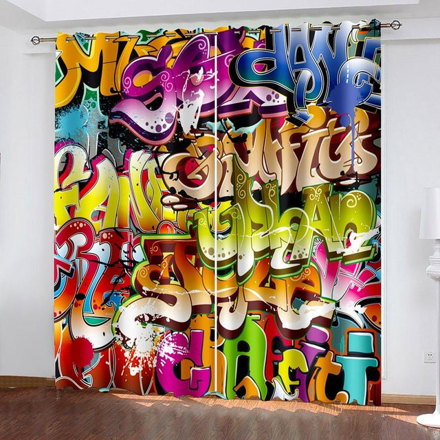 Abstrakter Graffiti Vorhang mit 3D-Digitaldruck für Wohnzimmer und Schlafzimmer, Mehrfarbig, B: 208 cm, H: 208 cm - Bild 1