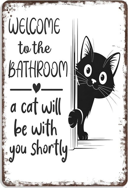 CIFBUY Welcome To The Bathroom Lustiges Katzen-Metallschild in Schwarz und Weiß, B/H: 30,5 x 20,3 cm, Vintage-Retro Badezimmerdekoration - Bild 1