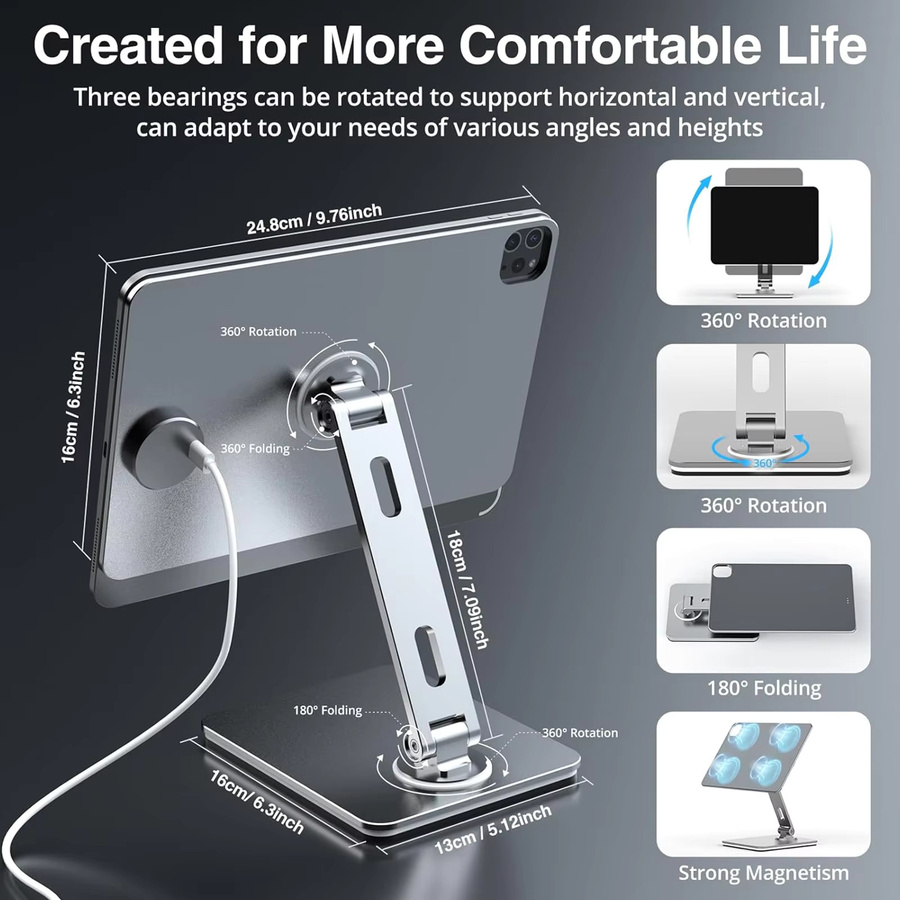 UNEW Magnetischer iPad-Ständer 360 Grad drehbar und faltbar aus Aluminium mit kabelloser Ladefunktion für iPad Air 10.9/11 und iPad Pro 11 in Schwarz oder Silber - Bild 3