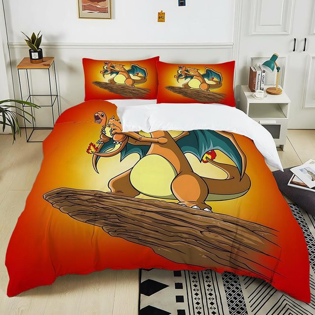 Binchi Fitness Pokémon Glurak Bettwäsche-Set aus Mikrofaser, 3-teilig, Orange, B/H: 173 x 218 cm - Bild 1