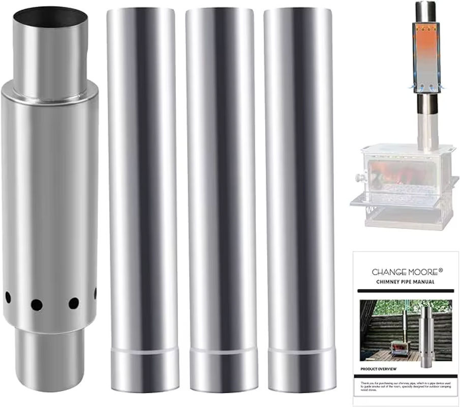 CHANGE MOORE 4-teiliges sekundäres Brennholz-Set in Silber für Camping-Hot-Zelte mit japanischer Technologie zur rauchfreien Nutzung im Holzofenrohr - Bild 3