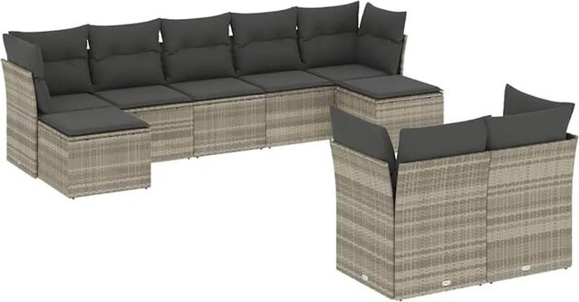 vidaXL 9-tlg Garten-Sofagarnitur aus Poly Rattan in Grau mit Kissen und Ottoman - Bild 1