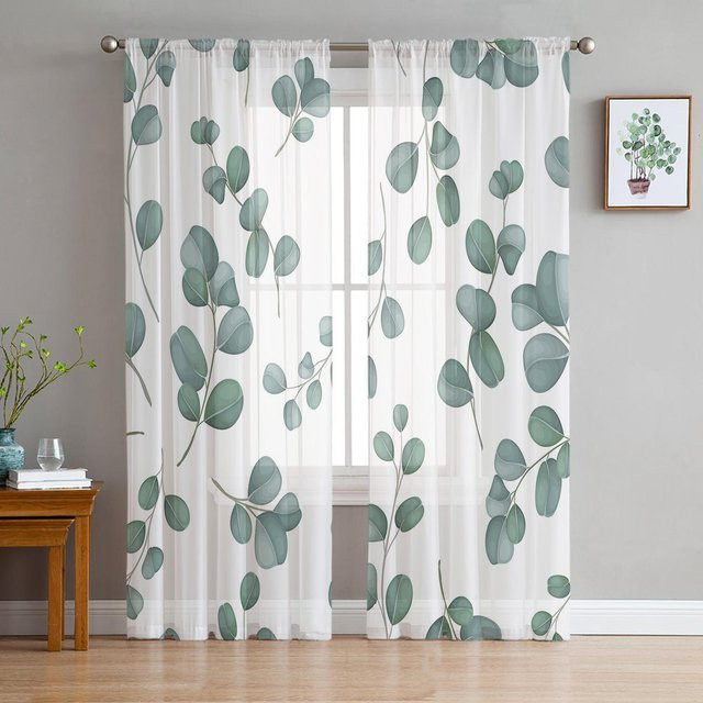 A Family Of Home Textiles Transparenter Voile-Vorhang mit Eukalyptus-Blättern im Aquarell-Design, Weiß, Breite: 135 cm, Höhe: 274 cm - Bild 1