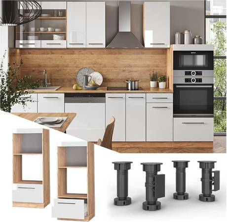 Vicco Mikrowellenschrank Fame-Line Küchenschrank in Weiß Hochglanz und Eiche mit Softclose-Scharnieren und Schubladen, Breite: 60 cm, Höhe: 153,6 cm, Tiefe: 44,53 cm