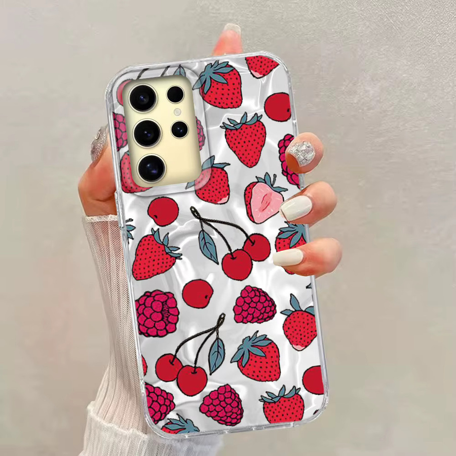 INS Girl Luxus Handyhülle für Samsung Galaxy S26 S25 S24 S23 S22 S21 S20 FE Ultra Plus in Rot mit Erdbeer-Kirsch-Frucht Design aus TPU - Bild 2
