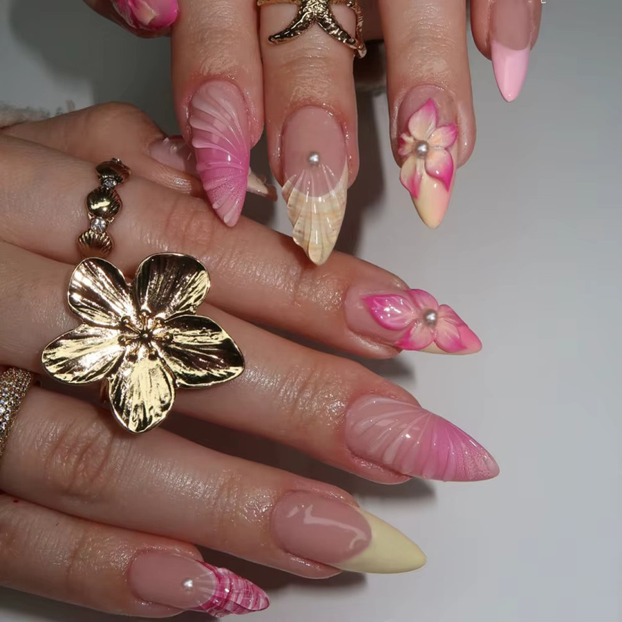 MAFANAILS Press On Nails, Mandel, 3D Blush Flower Pearl, Glänzend - Bild 2