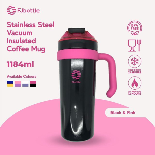 FEIJIAN Isolierter Thermobecher mit Henkel und Strohdeckel aus Edelstahl, 1200 ml, Schwarz - Bild 1