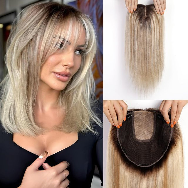 GEMMA Haartoupet Echthaar, 16 Zoll, Hellblond, dunkler Ansatz, Damen - Bild 1