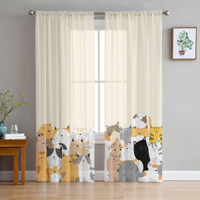Yiran Furniture Transparent Voile-Vorhang mit Cartoon-Katze Motiv, Tüll-Fenstervorhang in Multicolour, B: 50 cm, H: 130 cm, 2er-Set inklusive Haken - Bild 1