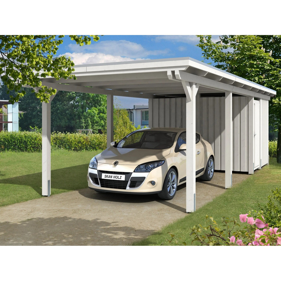 Skanholz Einzelcarport Emsland aus Leimholz mit Abstellraum, Farbe: Weiß, B/T: 354 x 846 cm, Firsthöhe: 238 cm - Bild 2
