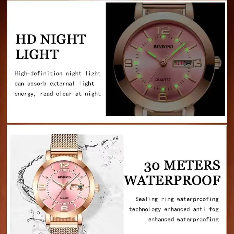 BINBOND Armbanduhr Damen, Quarz, Edelstahl, Roségold, Milanaise, Datum - Bild 5