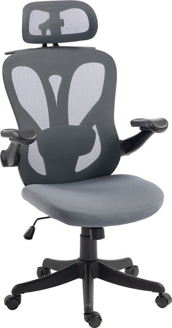 Aosom Ergonomischer Bürostuhl mit 3D klappbaren Armlehnen und 2D Kopfstütze, atmungsaktives Netz und Wippfunktion, Dunkelgrau - Bild 1