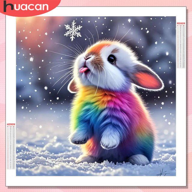 HUACAN 5D DIY Diamantmalerei Kaninchen Winter Mosaik Strass Dekoration Multicolor Full Round Wandmontage - Bild 1