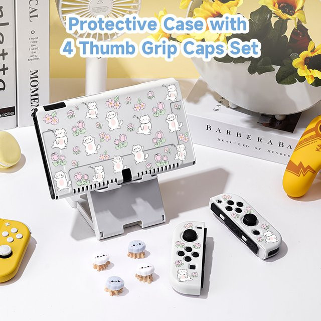 Nintendo Switch OLED Grip Caps Bundle mit 4 Stück Katzen und Blumen Schutzhüllen in Blau - Bild 1
