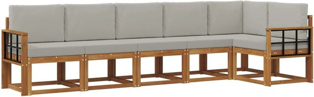 vidaXL Outdoor-Sofagarnitur in L-Form aus Akazienholz mit Kissen, 6-teilig, Grau und Natur - Bild 1