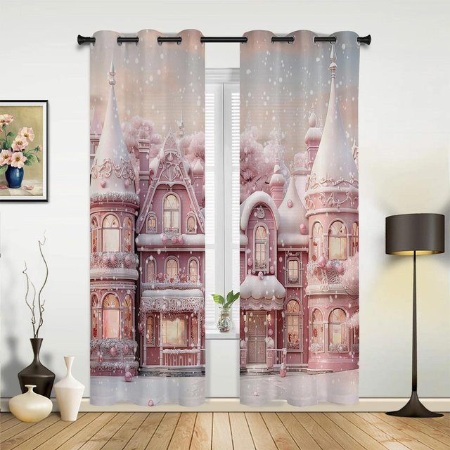 Weihnachts Vorhänge mit Schneemann und Schneeszene in Rosa für dein Zuhause, Breite: 135 cm, Höhe: 60 cm - Bild 1