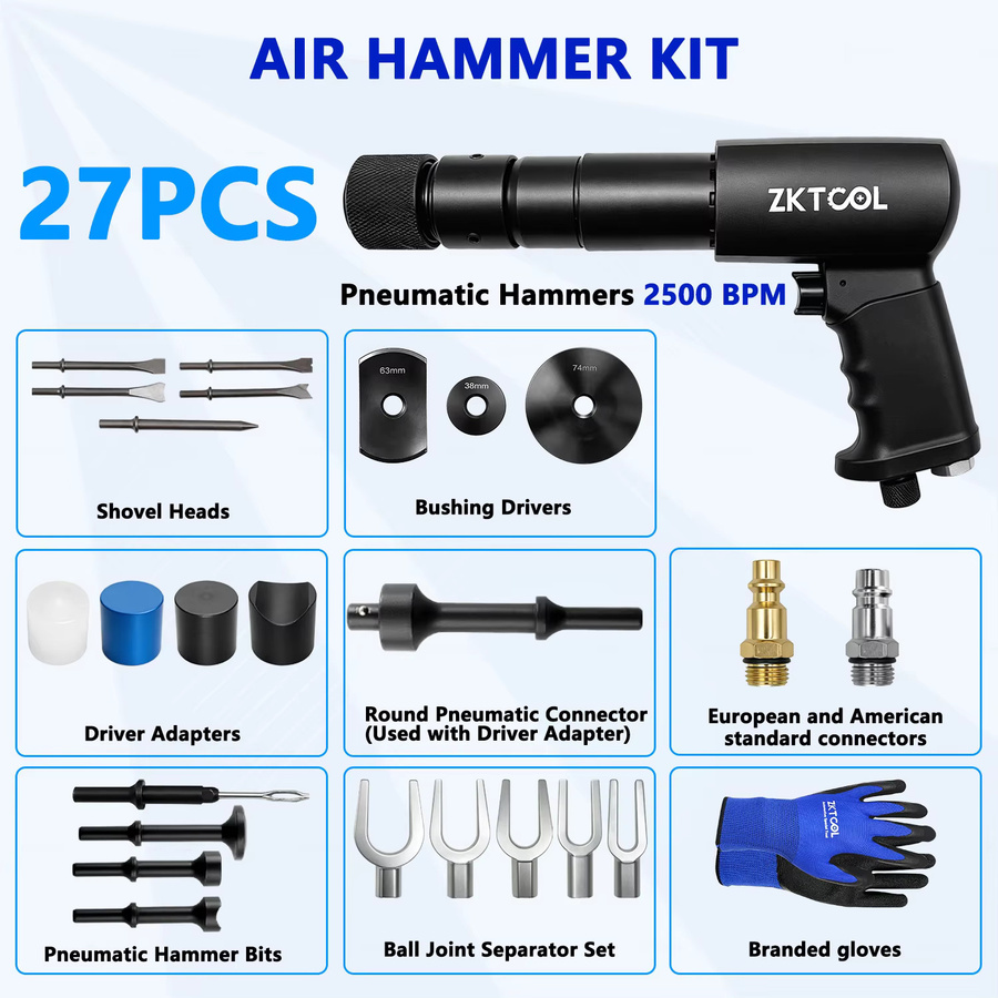 ZKTOOL 27-teiliges Drucklufthammer-Set mit 2500 BPM für Autowerkstätten und Metallarbeiten - Bild 3