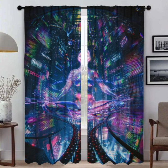 Japan Neon 3D Reams Fenstervorhang mit Mückenschutz aus Tüll, 2 Paneele, Multicolour, B: 50 cm, H: 70 cm - Bild 1