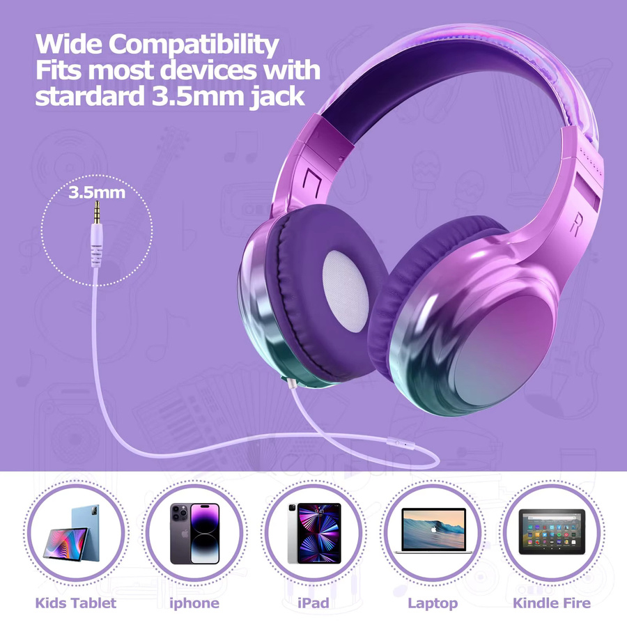 QearFun Gradient Cool Kids Kopfhörer für Mädchen in Purple, kabelgebundene Stereo-Kinderkopfhörer mit Mikrofon und verstellbarem Design - Bild 5