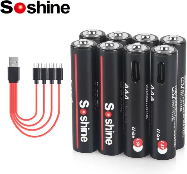 Soshine AAA Lithium-Akku Set mit 4-in-1 USB-Ladekabel, 1,5 V, 1100 mWh, Schwarz - Bild 1