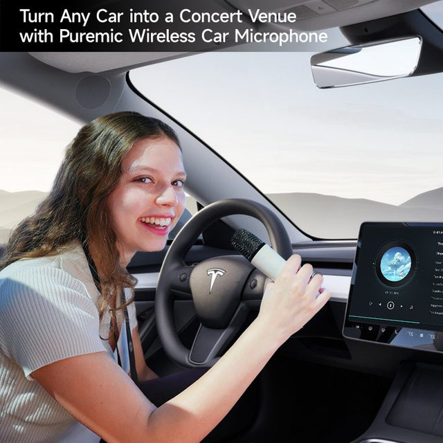 PUREMIC Auto-Karaoke-Mikrofon für Tesla Model Y, 3, X und Cybertruck in Weiß mit USB-A und USB-C Empfänger, wiederaufladbar - Bild 1