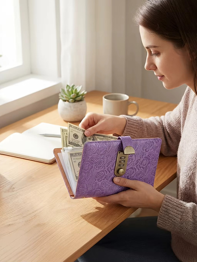 Geld-Organizer mit 3-stelligem Passwortschloss und Blumenprägung in Blau und Lila mit transparenten Taschen - Bild 2