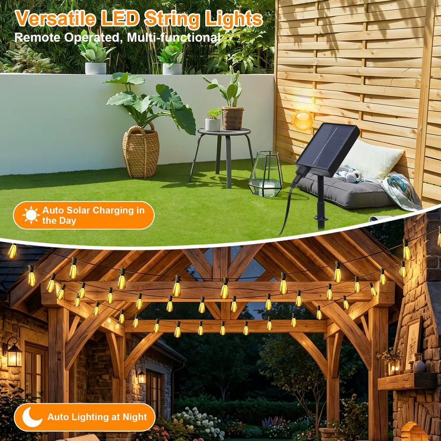 Solar-LED-Lichterkette für den Außenbereich mit ST38 Glühbirnen, wasserdicht und bruchsicher, inklusive Haken für Garten, Terrasse oder Camping - Bild 2